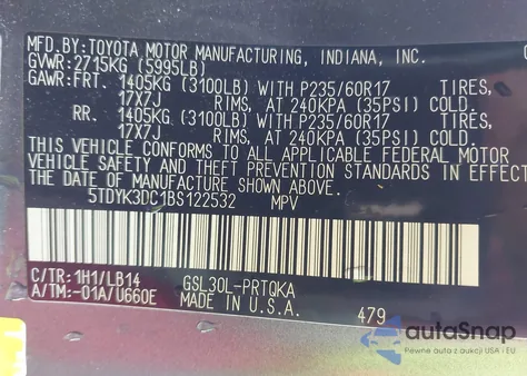 2011 Toyota Sienna Xle V6 z USA, uszkodzony, nr VIN 5TDYK3DC1BS122532